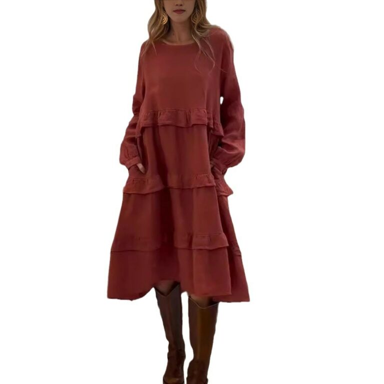 Women's Long Sleeve Patchwork Round Neck Ruffles Dress - Image 4