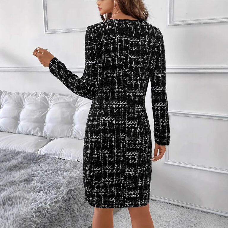 Elegant Plaid Crew Neck Women's Long Sleeve Knitted Dress - Image 2