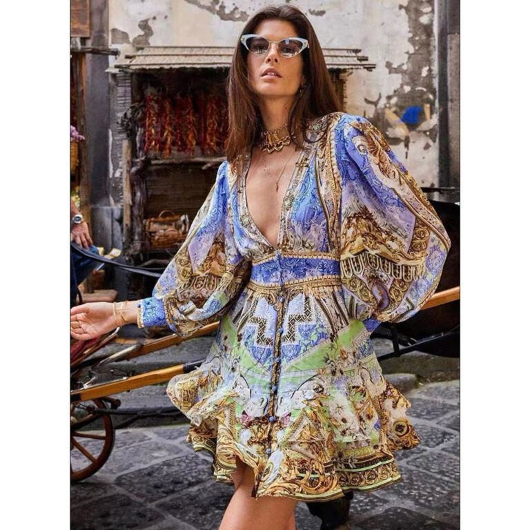 Deep V-neck Single Breasted Romantic Flower Skirt - Image 3