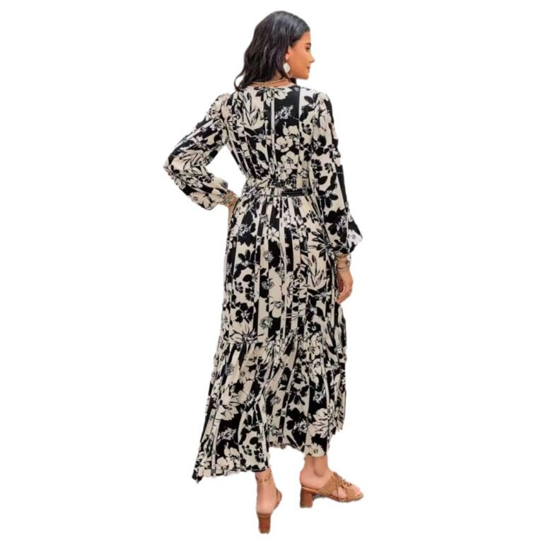 Spring And Autumn Full Printed Lantern Sleeve Dress - Image 5
