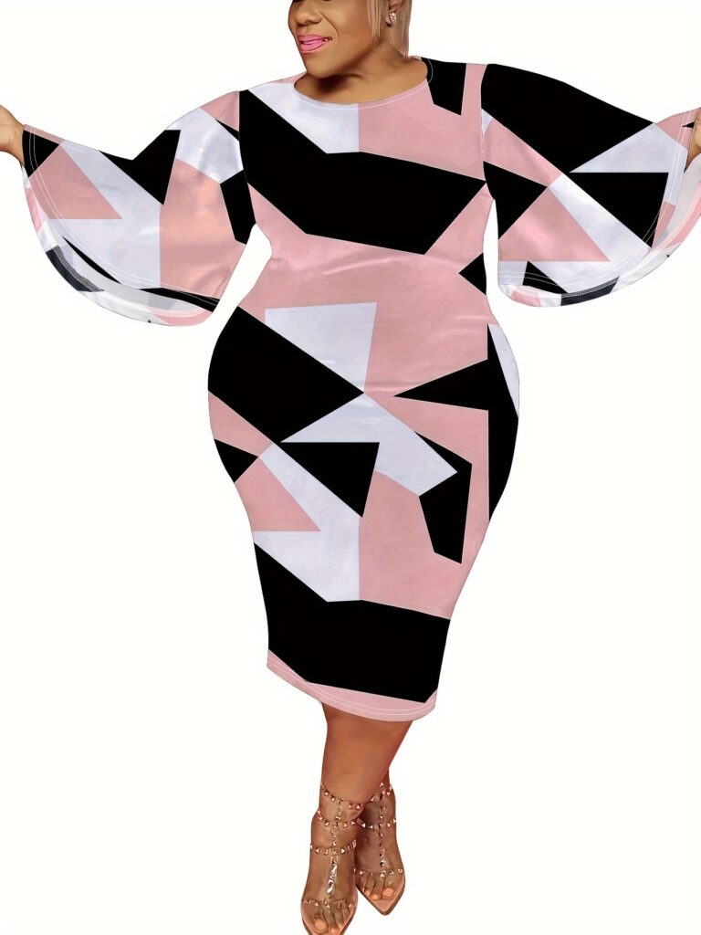 Contrast Color Geometric Print Loose Large Bell Sleeve Dress - Image 3