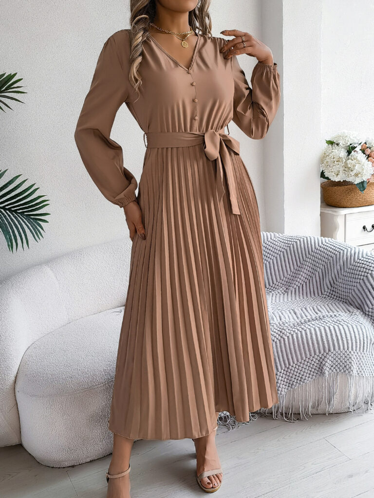 Elegant Elegant V-neck Button Lace-up Large Hem Pleated Maxi Dress - Image 6