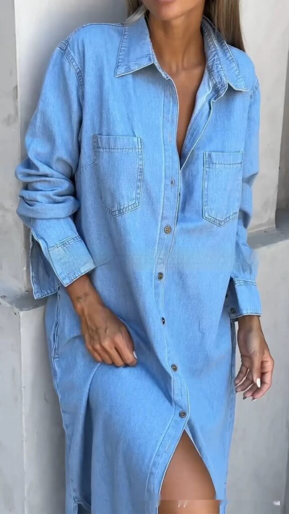 Women's Lapel Cardigan Long Sleeve Denim Long Skirts - Image 2