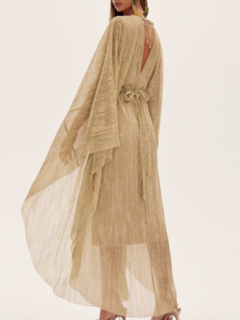 Champagne Deep V Pleated Dolman Sleeve Dress - Image 6