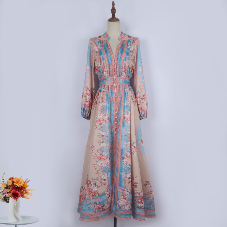 Vintage Printed Single-breasted Long Sleeve Dress - Image 4