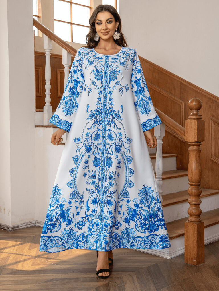 Muslim Robe Diamond Studded Bead Round Neck Dress - Image 3