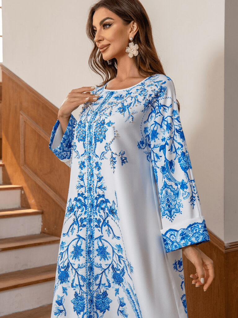 Muslim Robe Diamond Studded Bead Round Neck Dress - Image 5
