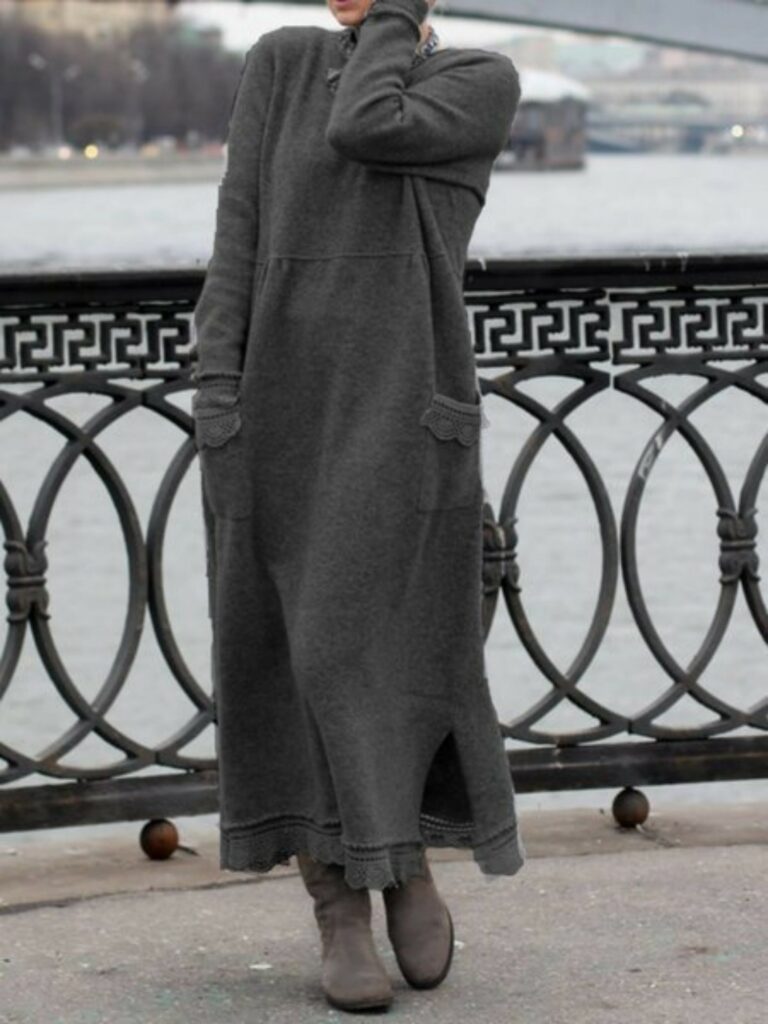 Solid Color Round Neck Pullover Lace Loose Large Size Knitted Long Dress - Image 5