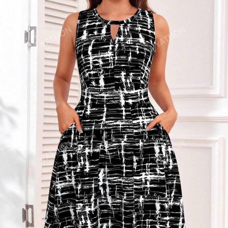 Ditsy Floral Print Keyhole Neckline Dress