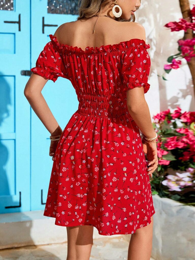Holiday Off Shoulder Ruffle Trim High Waist Beach Dress For Women - Image 4