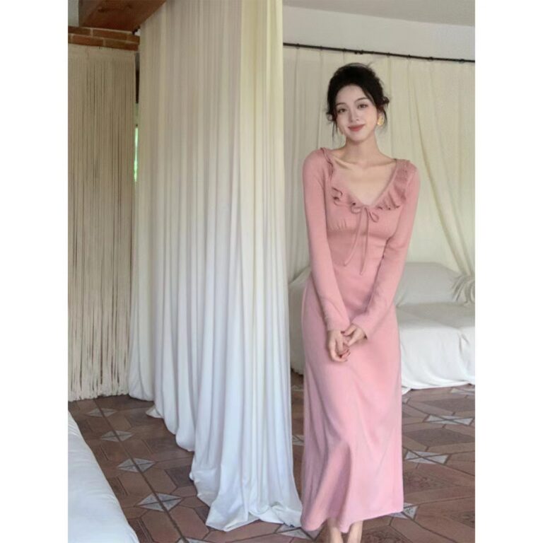 Dress Lotus Leaf Autumn And Winter V-neck - Image 4