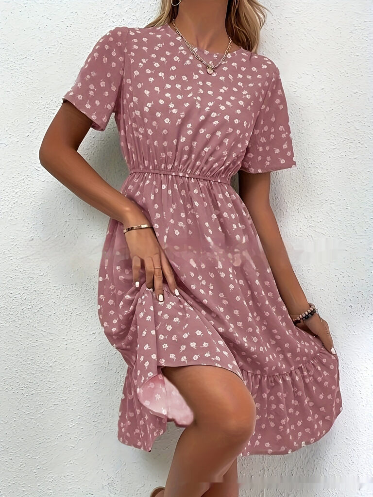 Women's Round Neck Floral Lotus Leaf Hem Temperament Dress - Image 7