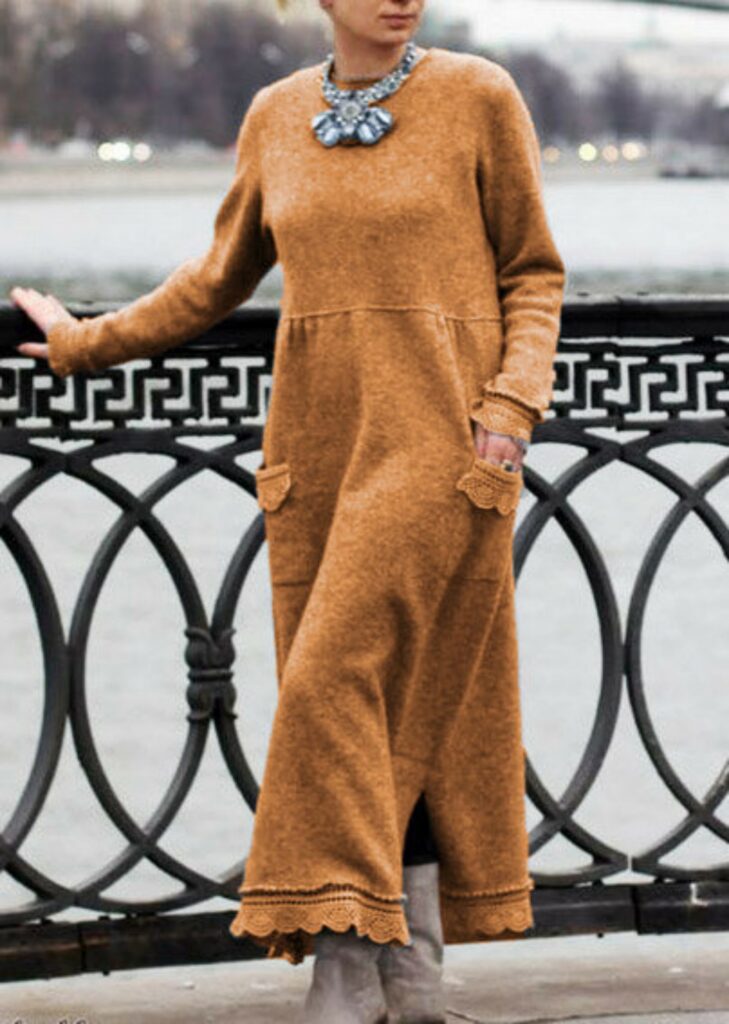 Solid Color Round Neck Pullover Lace Loose Large Size Knitted Long Dress - Image 4