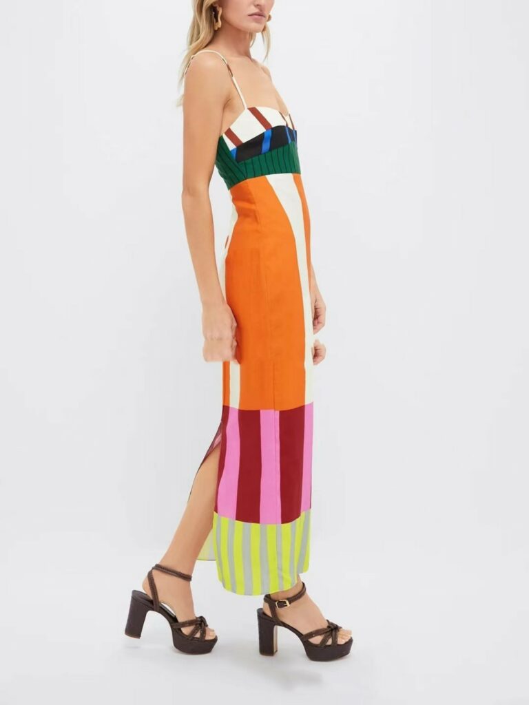 Women's Striped Dress Color Block Skinny Split Suspender Skirt - Image 3