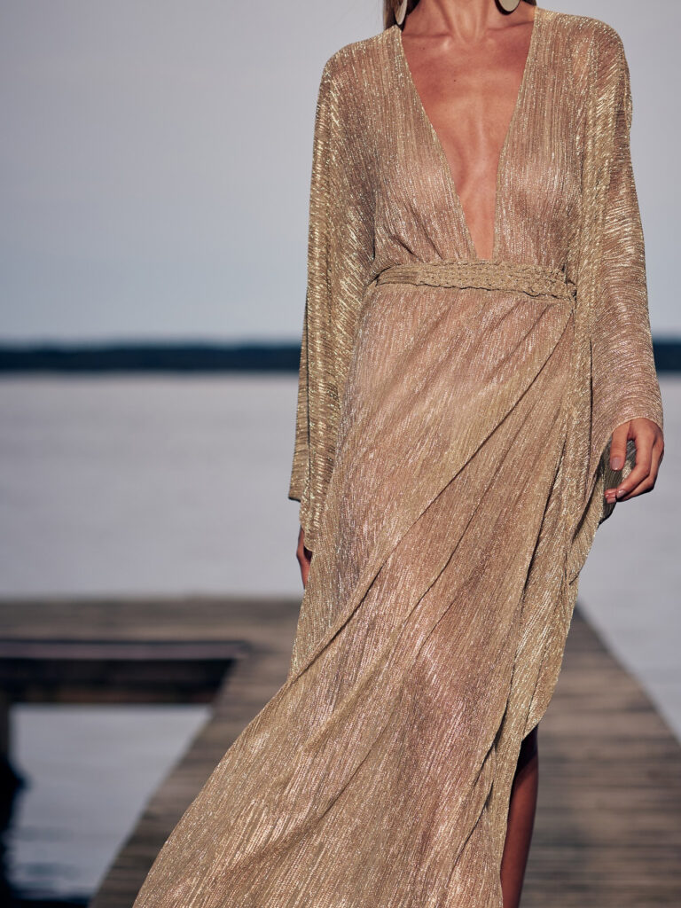 Champagne Deep V Pleated Dolman Sleeve Dress - Image 2