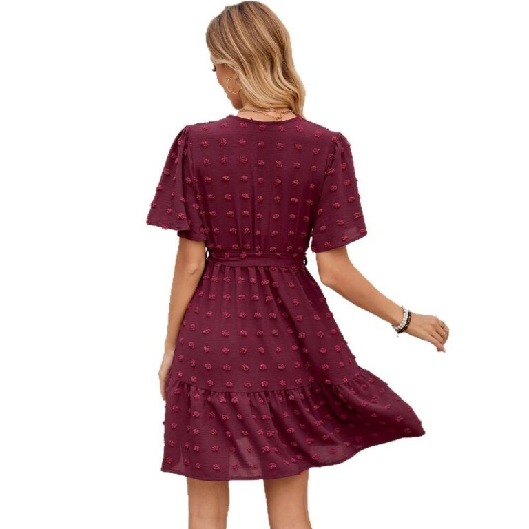 Fur Ball Lotus Leaf Sleeve Solid Color And V-neck Waist Trimming Lace Up Dress - Image 5