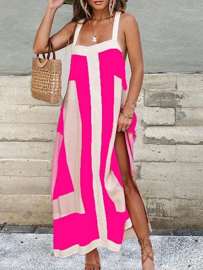 Women's Minimalist Asymmetrical Printed Spaghetti Strap Dress For Daily Wear Maxi Vacation Beach Outfit - Image 3