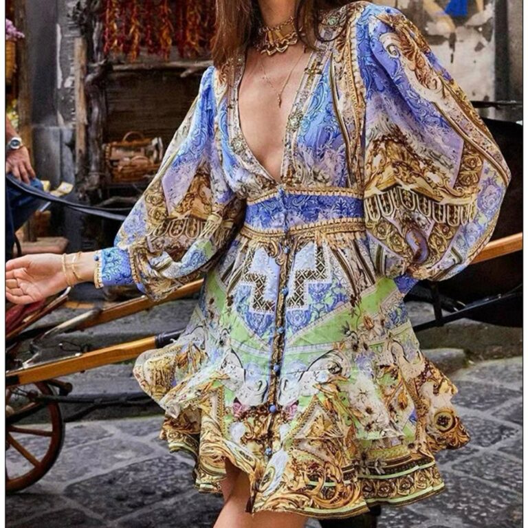 Deep V-neck Single Breasted Romantic Flower Skirt - Image 2