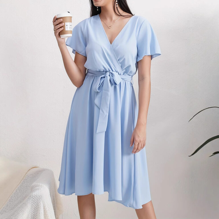 Short Sleeve Cross Collar Belt Solid Color Dress - Image 3