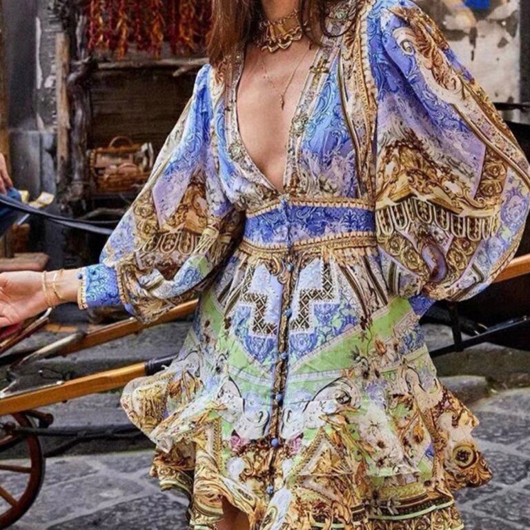 Deep V-neck Single Breasted Romantic Flower Skirt
