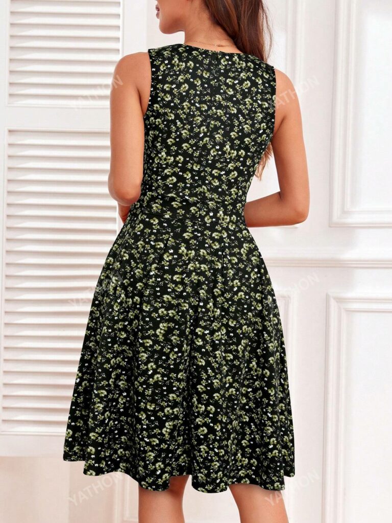 Ditsy Floral Print Keyhole Neckline Dress - Image 4