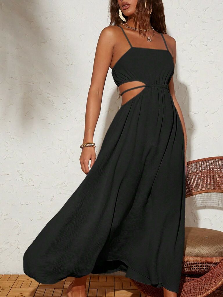 Solid Color Woven Backless Tie-Waist Dress For Vacation - Image 3