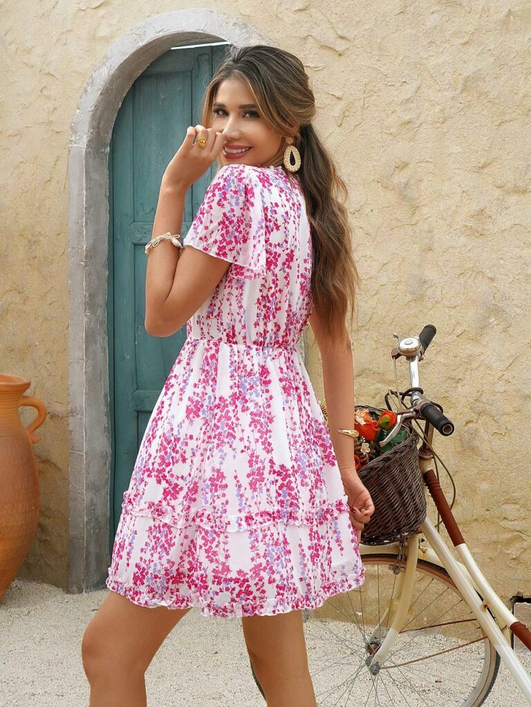 Floral Print Lettuce Trim Dress Vacation Beach Outfits Women - Image 5