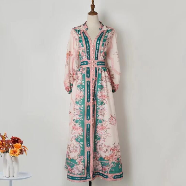Vintage Printed Single-breasted Long Sleeve Dress - Image 5
