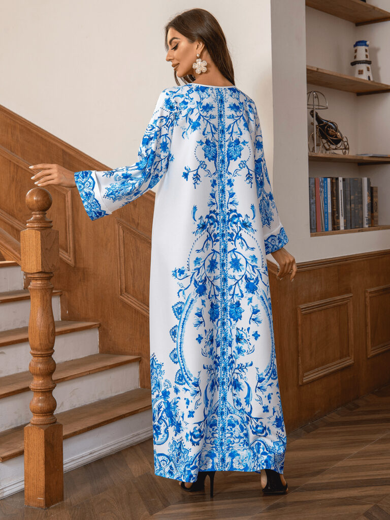 Muslim Robe Diamond Studded Bead Round Neck Dress - Image 6