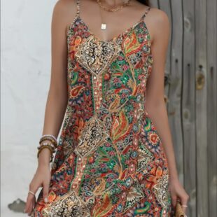 Paisley Print V Neck Cami Dress, Vacation Style Sleeveless Dress For Spring & Summer, Women's Clothing
