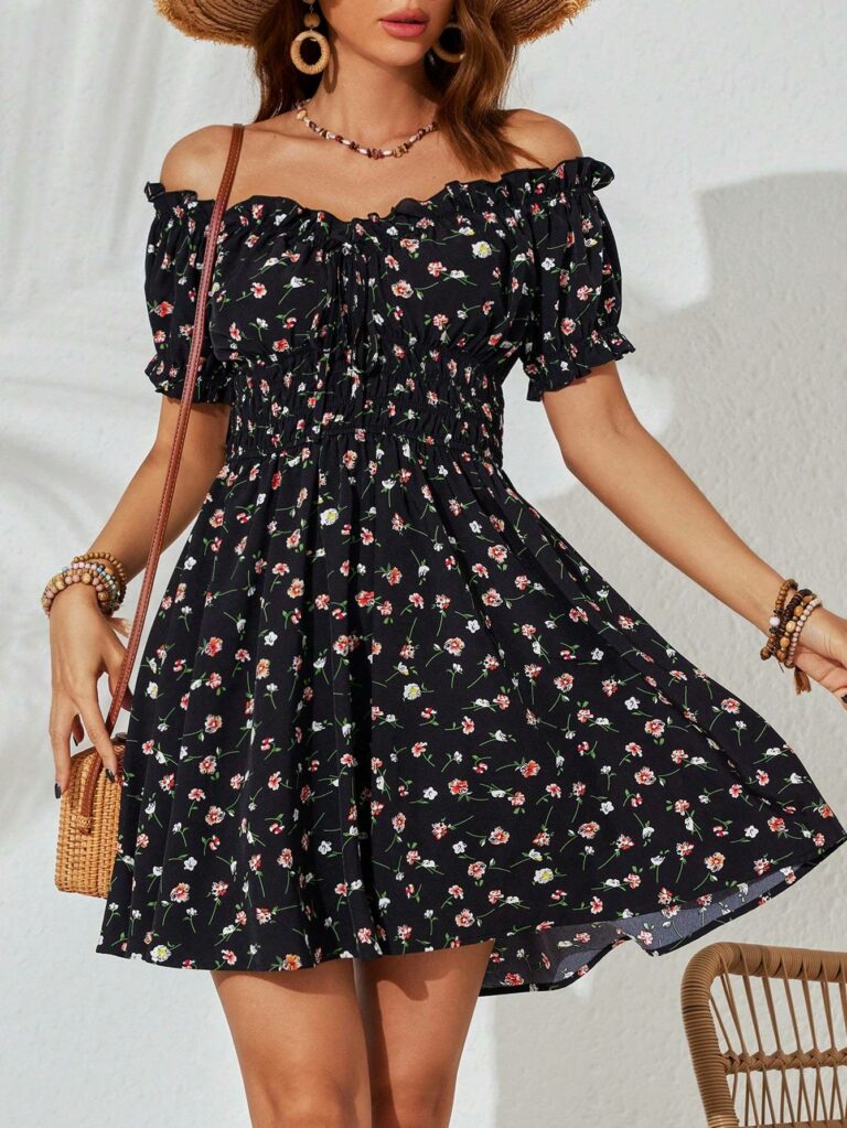 Holiday Off Shoulder Ruffle Trim High Waist Beach Dress For Women - Image 3