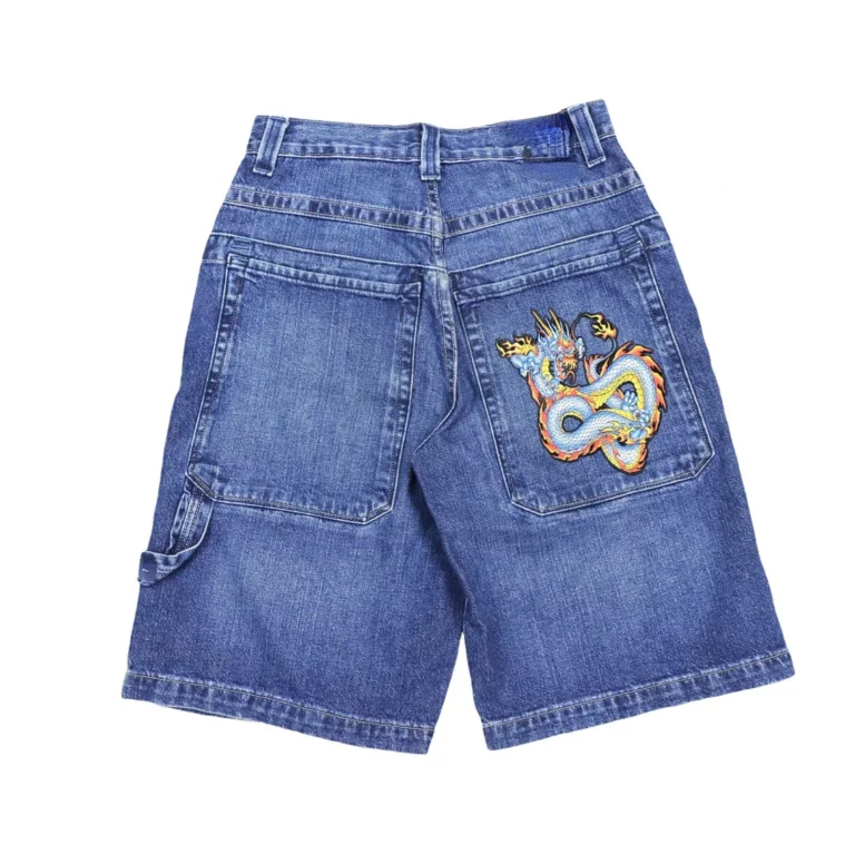 Hip Hop Dragon Embroidery Retro Denim Shorts Y2k Blue Wash Wide Leg Straight Work Pants Men Women Streetwear Jorts Clothing
