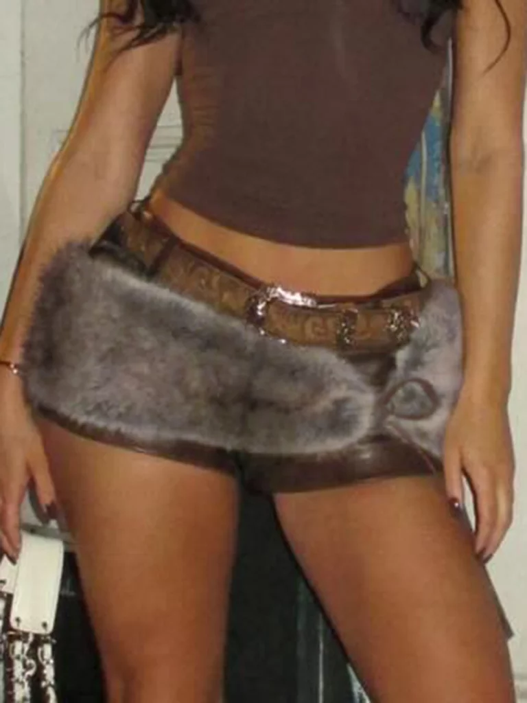Cuteandpsycho Low Waisted Mini Leather Shorts Vintage Chic Furry Belts Casual Y2K Aesthetic Fashion Elastic Waist Bottoms - Image 10