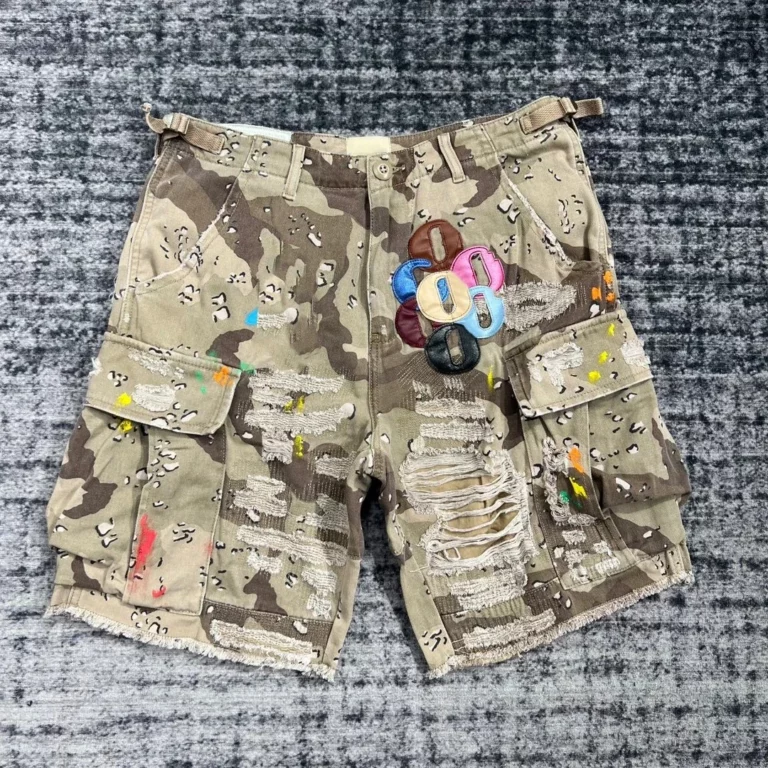 Summer Fashion Camouflage Splicing Leather Letter Washed Retro Knee Jeans Men Women Shorts - Image 3