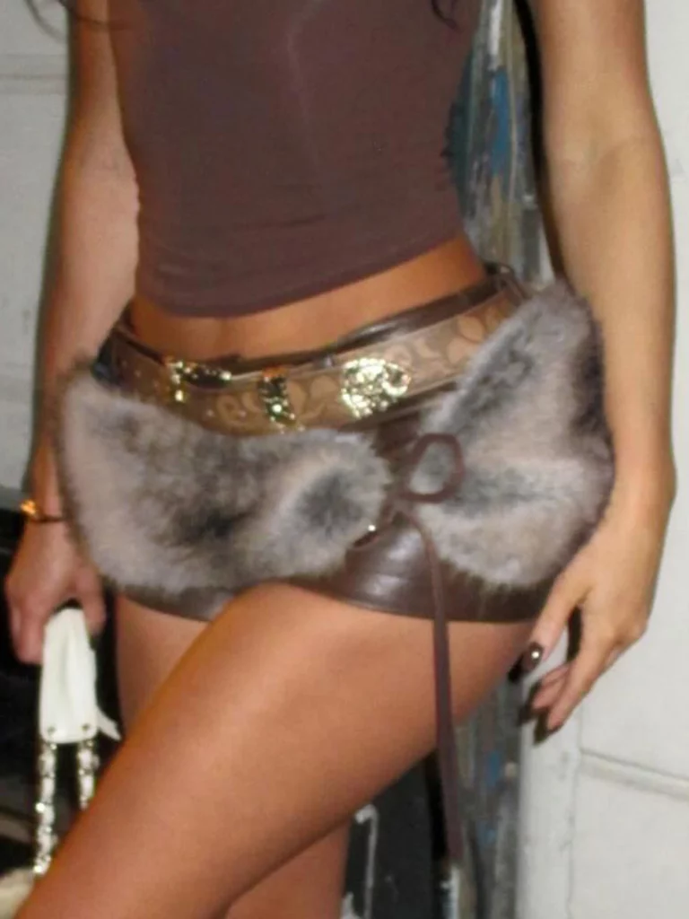Cuteandpsycho Low Waisted Mini Leather Shorts Vintage Chic Furry Belts Casual Y2K Aesthetic Fashion Elastic Waist Bottoms - Image 5
