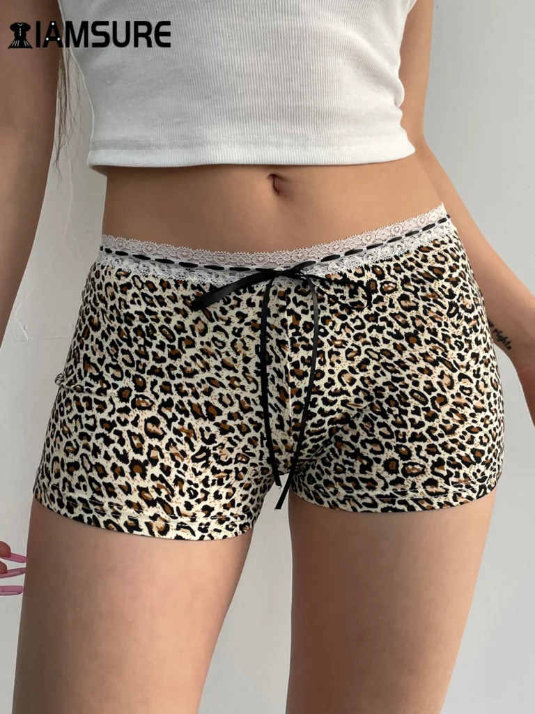IAMSURE Sexy Slim Leopard Printed Lace Trim Shorts Casual Bandage Low-Waisted Shorts Women 2024 Summer Fashion Streetwear Ladies