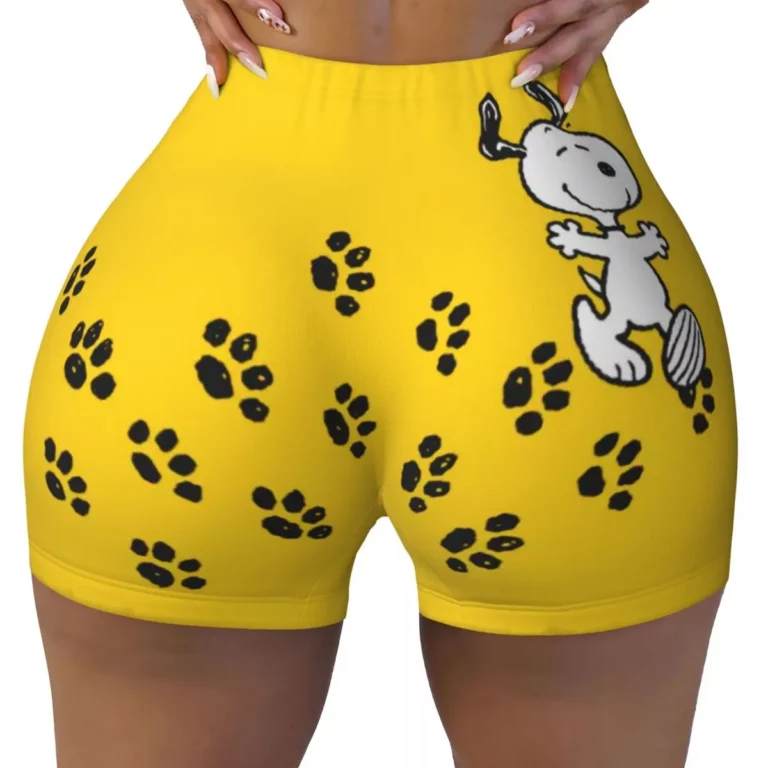 Custom Snoopy Paw Print Path Biker Running Workout Shorts Women's Cartoon Comic Dog Athletic Gym Yoga Shorts