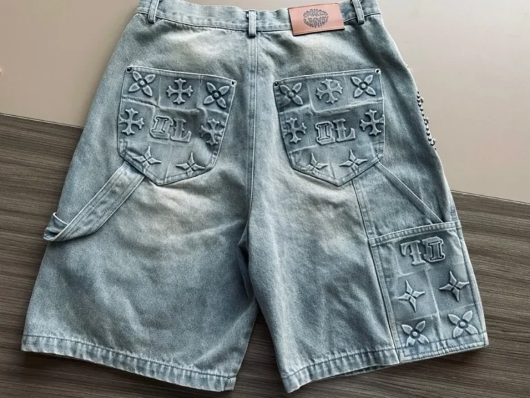 American New Fashion Geometric Decoration Baggy Denim Shorts Men Y2K Street Retro Hip Hop Popular Gothic Casual Wide Leg Shorts - Image 2