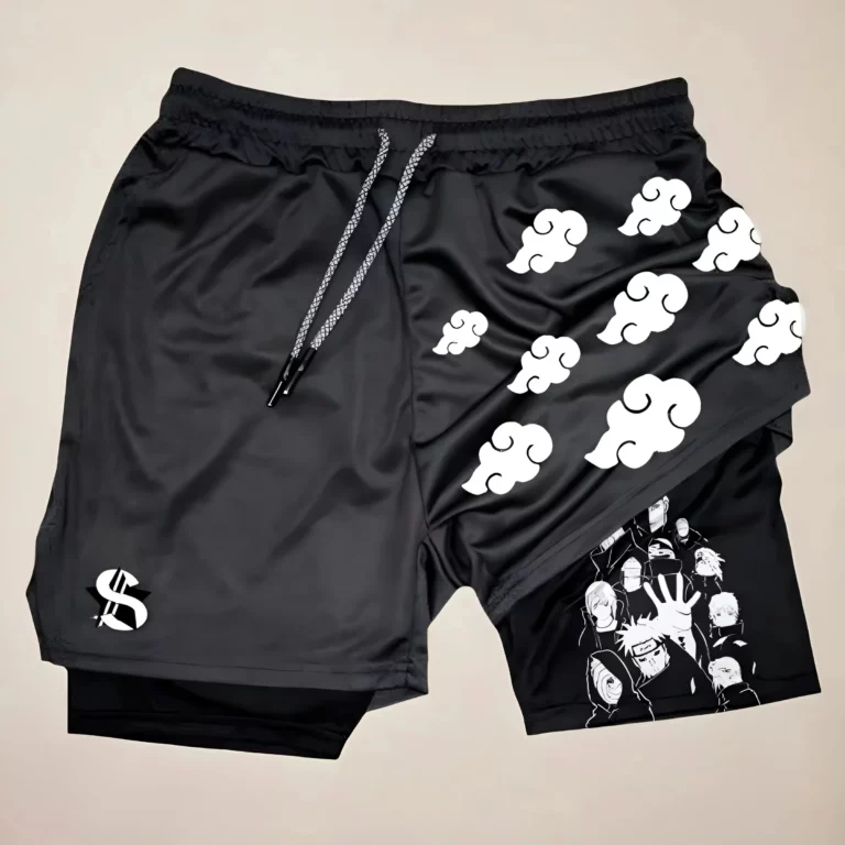 Anime Printed Motorcycle Shorts Men's Quick Drying Sports Shorts Lined with Double Layer Running Fitness Fake Two Pieces