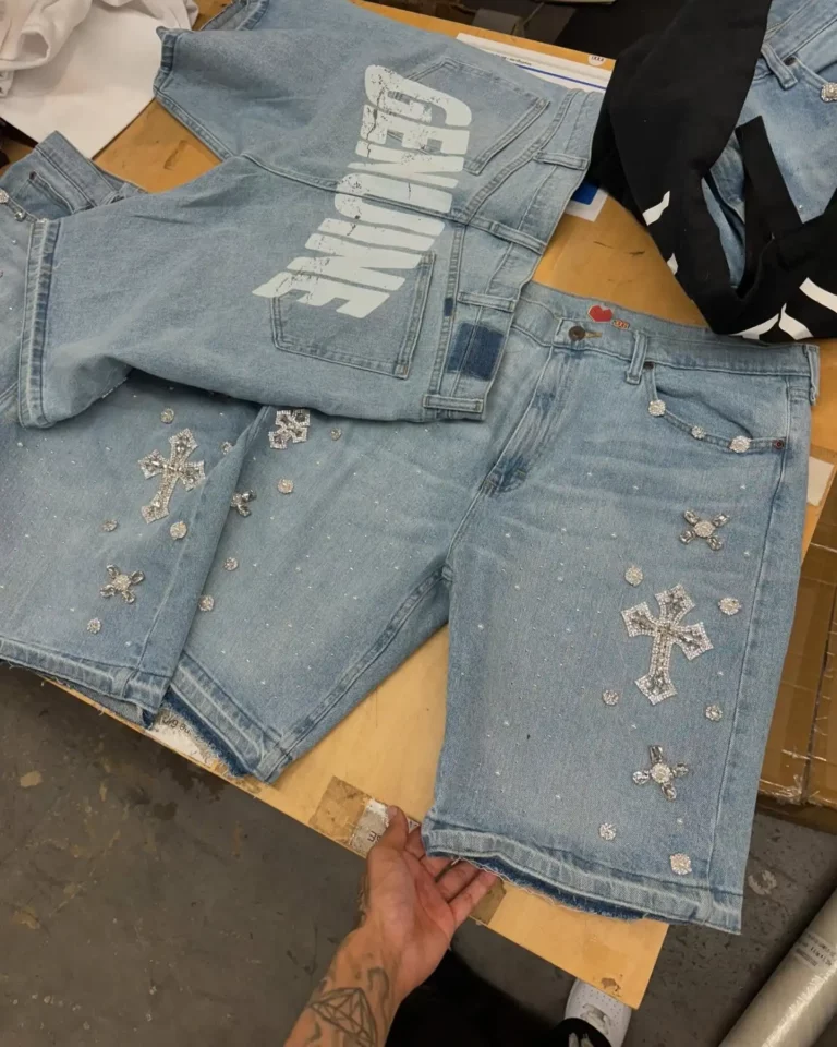 Y2K Gothic Diamond Cross Embroidery Denim Shorts American Retro Blue Gym Shorts Rhinestone Streetwear Hip Hop Men Women Jorts - Image 6