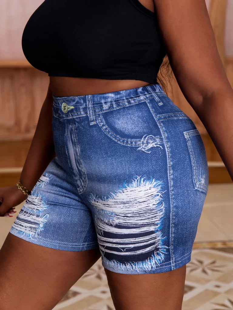 Plus-size women's shorts imitation jeans printed holes design casual fashion comfortable summer tight hot pants - Image 2