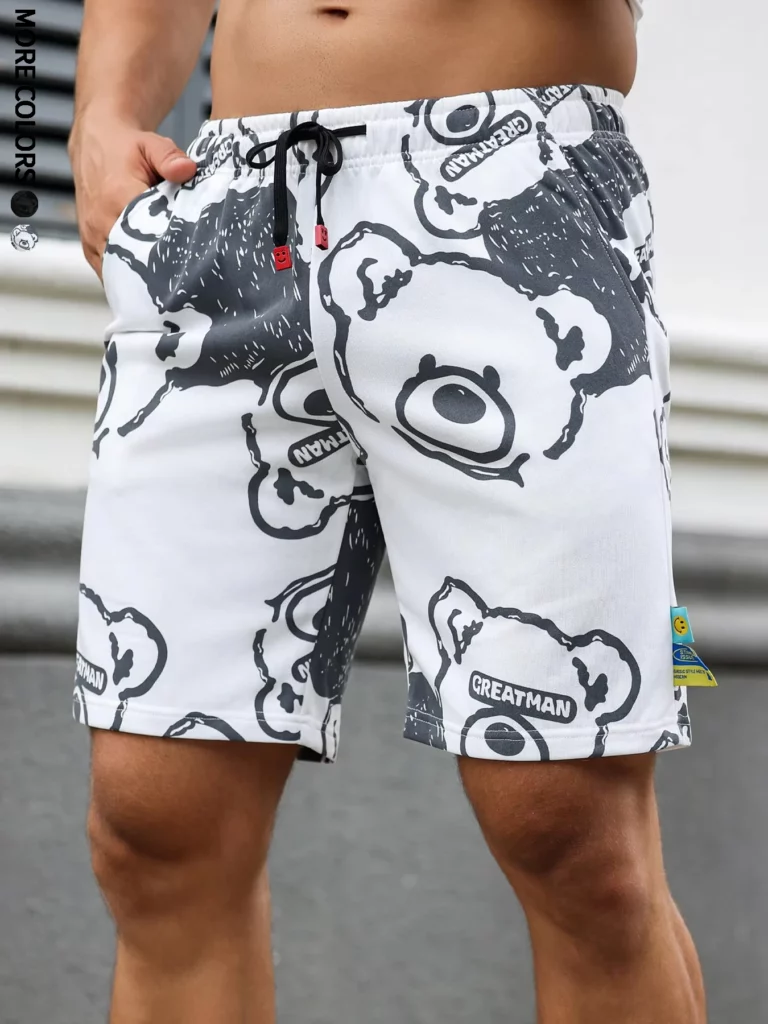Men's regular-fit shorts with drawstring and elastic waistband, bear print, summer beach, vacation, multi-scene wear