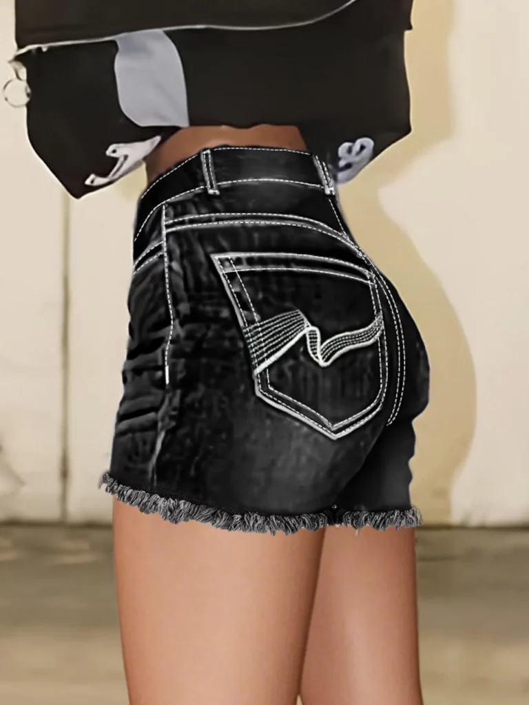 Black Large Size Geometric Pattern Embroidered Back Bag Hems Burr Edge Double Button Mature Vintage Women's Denim Shorts