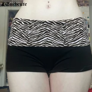 SUCHCUTE Casual Zebra Print Elastic Shorts Female Skinny Low-waisted Mini Short Y2K Harajuku Slim Bottoms Summer Homewear 2025