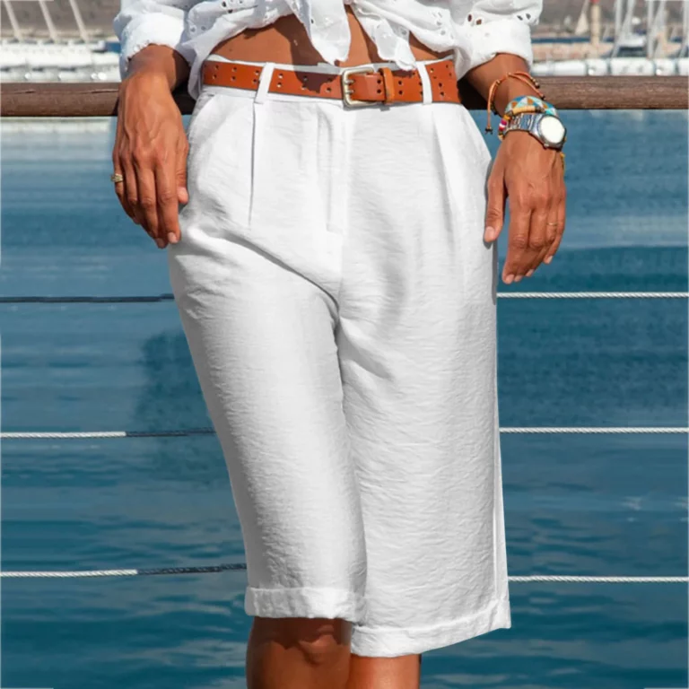 Cotton Linen Summer Women'S Shorts High Waist Knee Length Straight Office Lady Elegant White Black Casual Short Pants (No Belt)