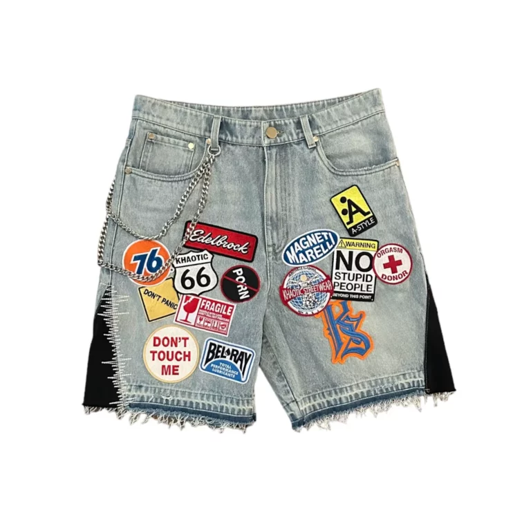 Streetwear Retro Patchwork Denim Short Y2K Jeans Men Women Hip Hop Cartoon Graphics Retro Blue Loose Denim Fitness Casual Shorts