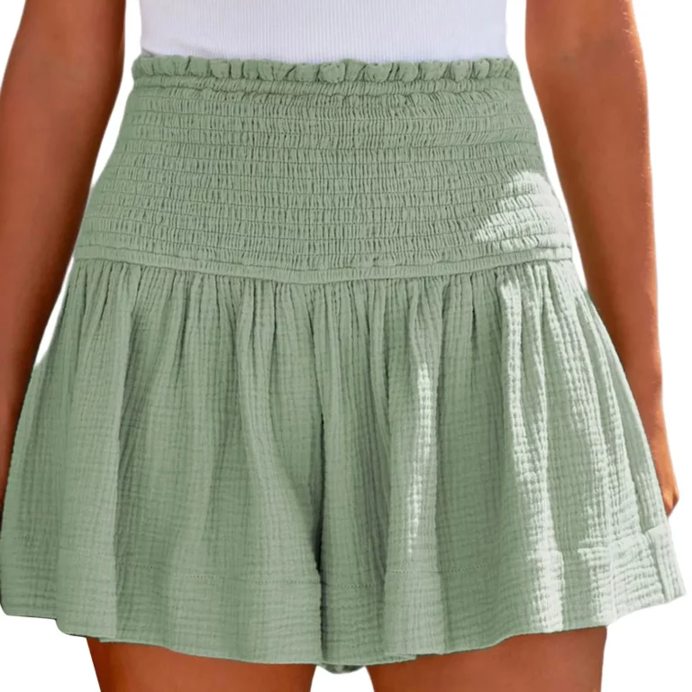 Flowy Casual Shorts For Womens Shorts Cotton High Elastic Waisted Pleated Ruffle Cute Shorts Beach Harajuku Mini Short Pants