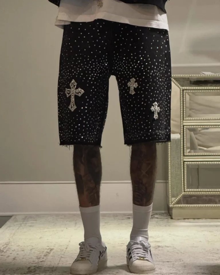 Vintage Rhinestone Sequin Denim Short Y2K Men Harajuku Vintage Cross Rhinestone Baggy Shorts Casual Over Knee Pants Casual Short