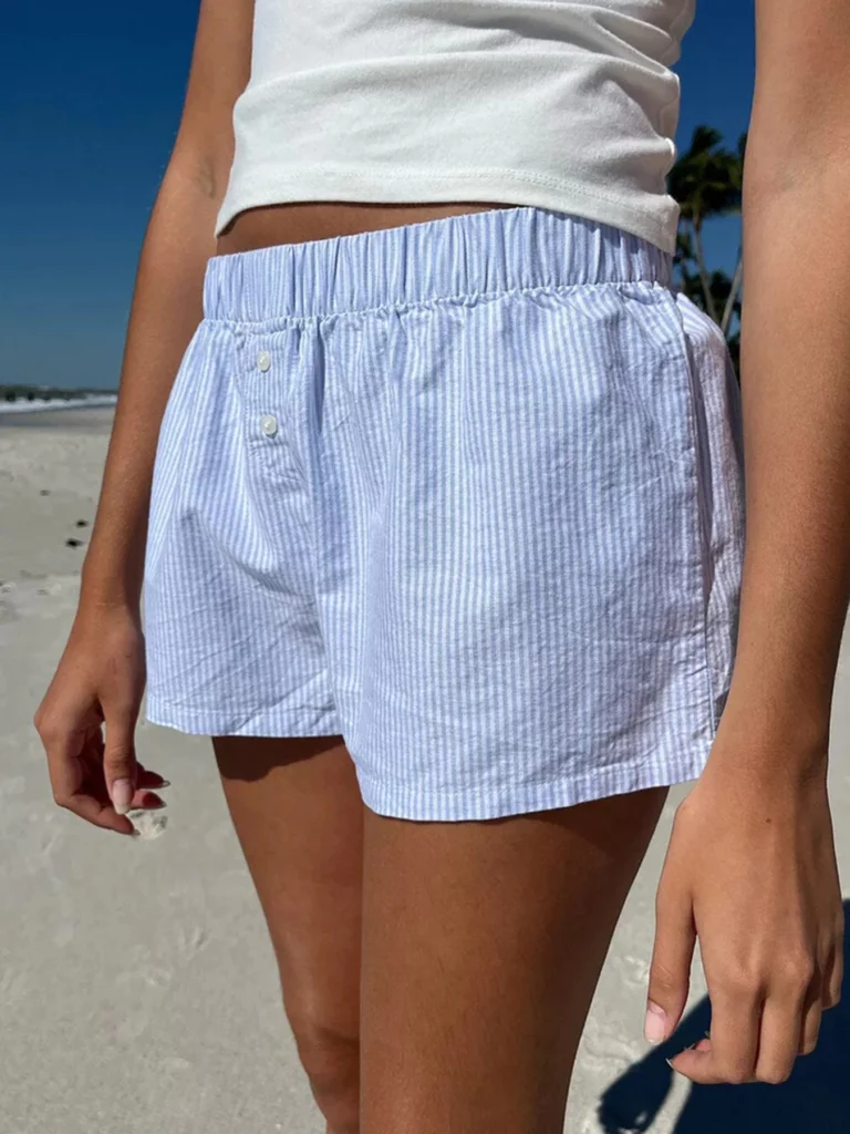 Casual Loose Stripe Button Details Summer Shorts Women Vacation Beach Outfits - Image 5