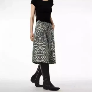 New European American Models Leopard Pants High Waist Pockets Wide Leg Quarter Shorts Casual Versatile Summer Trousers 2024